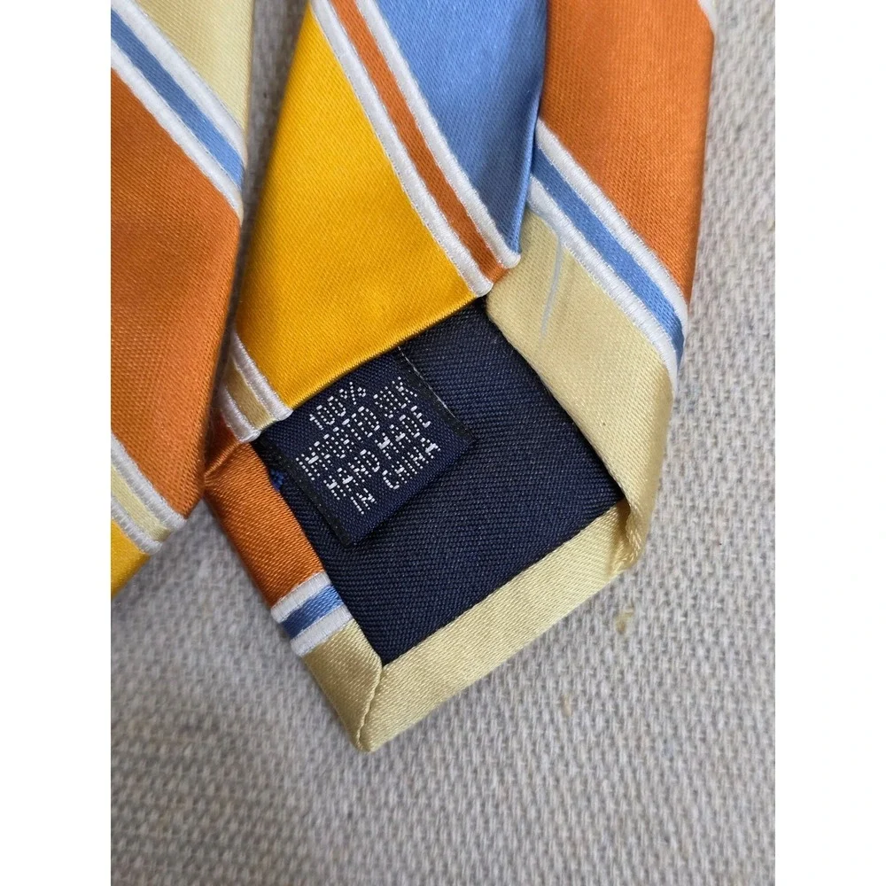 Paul‎ Fredrick Mens Silk Necktie Orange Blue Yellow Striped Handmade Tie